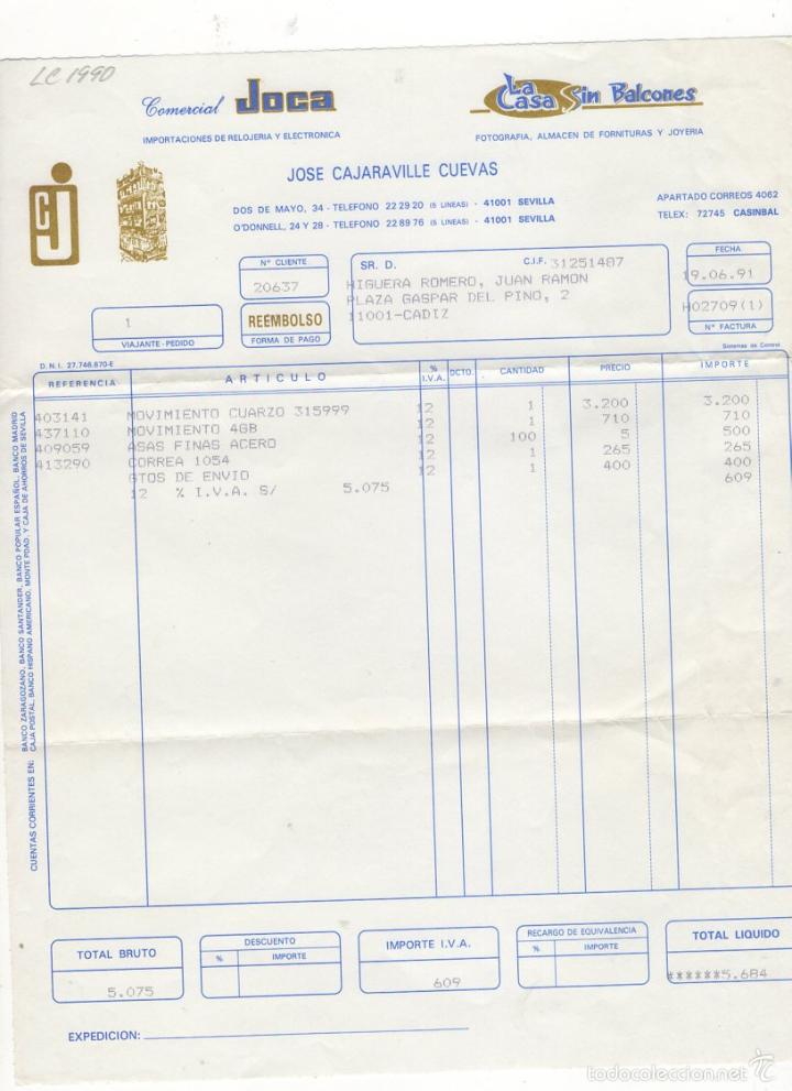 Old Invoices: FACTURA. JOSE CAJARAVILLE CUEVAS, COMERCIAL JOCA, FOTOGRAFIA Y JOYERIA, CADIZ, 1991.