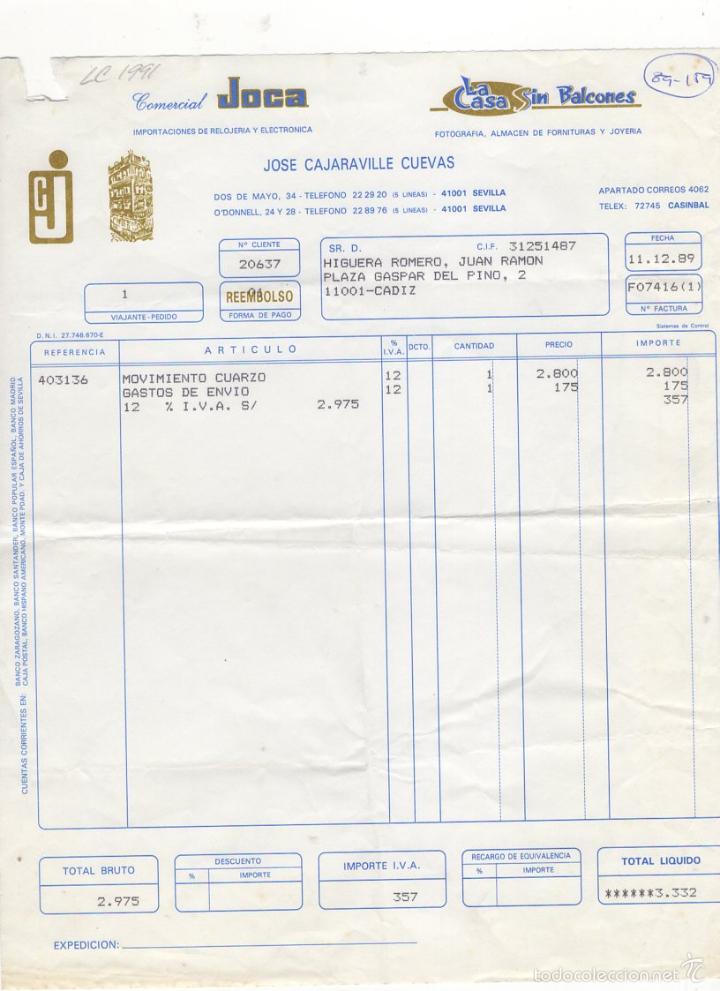 Old Invoices: FACTURA. JOSE CAJARAVILLE CUEVAS, COMERCIAL JOCA, FOTOGRAFIA Y JOYERIA, CADIZ, 1989.