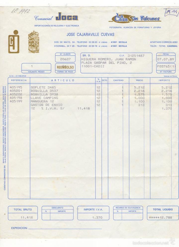 Old Invoices: FACTURA. JOSE CAJARAVILLE CUEVAS, COMERCIAL JOCA, FOTOGRAFIA Y JOYERIA, CADIZ, 1989.