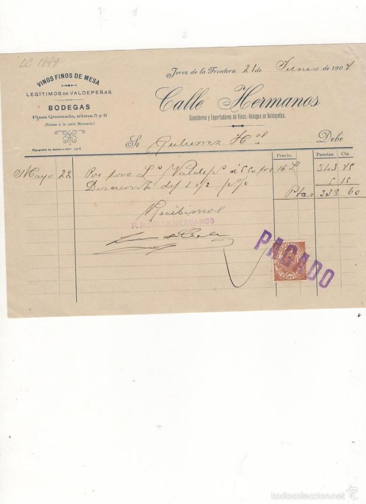Old Invoices: FACTURA. CALLE HERMANOS,VINOS FINOS DE MESA, JEREZ DE LA FRONTERA,1904.