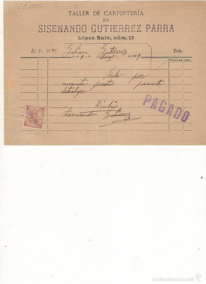 Old Invoices: FACTURA. SISENANDO GUTIERREZ PARRA, TALLER DE CARPINTERIA, JEREZ, 1907.