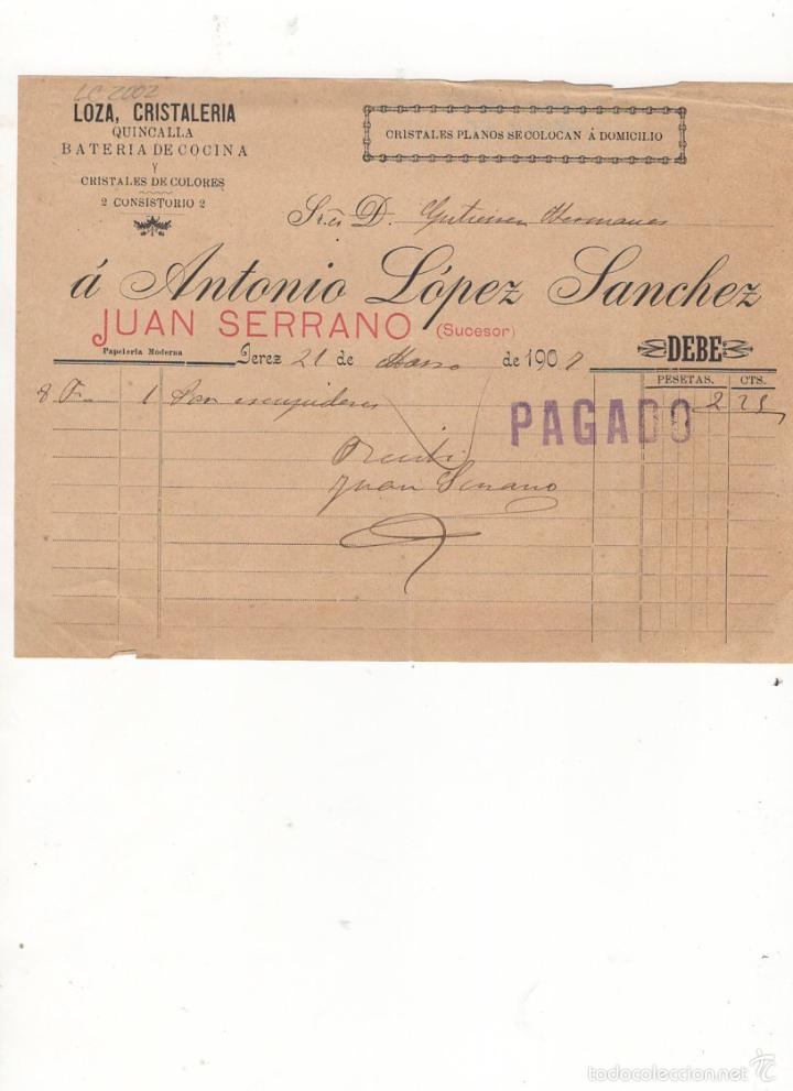 Old Invoices: FACTURA. ANTONIO LOPEZ SANCHEZ, LOZA, CRISTALERIA, QUINCALLA. JEREZ, 1907.