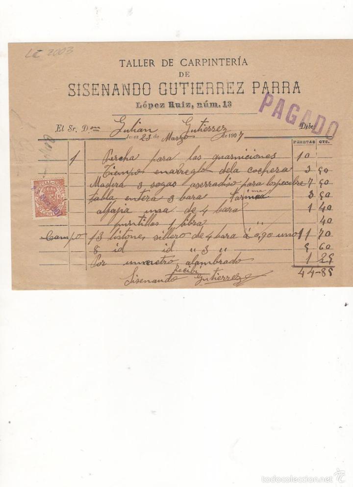 Old Invoices: FACTURA. SISENANDO GUTIERREZ PARRA, TALLER DE CARPINTERIA, JEREZ, 1907.