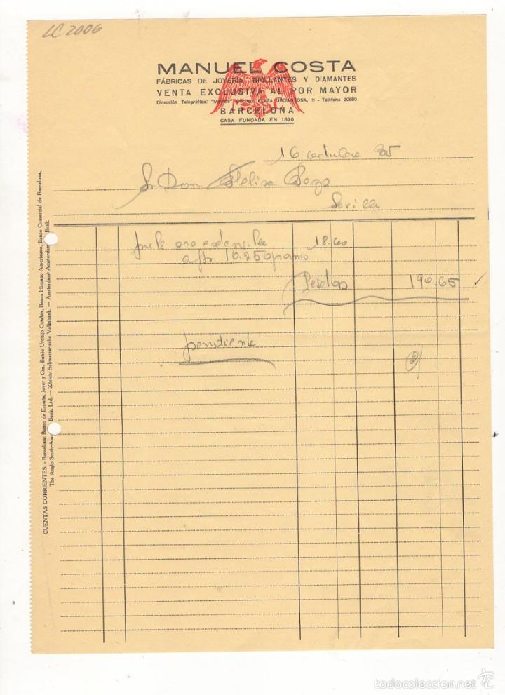 Old Invoices: FACTURA. MANUEL COSTA, FABRICAS DE JOYERIA, BRILLANTES Y DIAMANTES, SEVILLA, 1885.