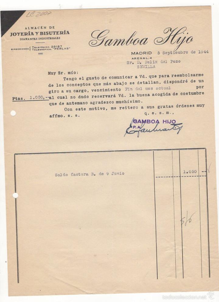 Old Invoices: FACTURA. GAMBOA HIJO, ALMACEN DE JOYERIA Y BISUTERIA, MADRID, 1944.