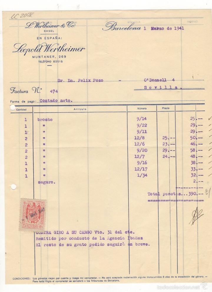 Old Invoices: FACTURA. LEOPOLD WERTHEIMER, BARCELONA, 1941.