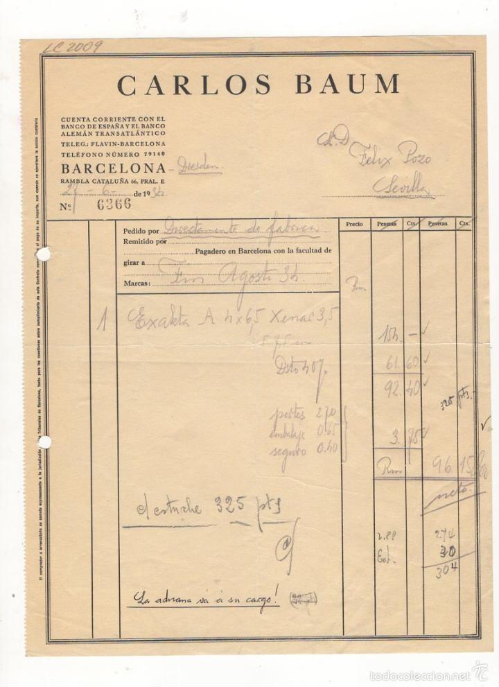Old Invoices: FACTURA. CARLOS BAUM, BARCELONA, 1932.