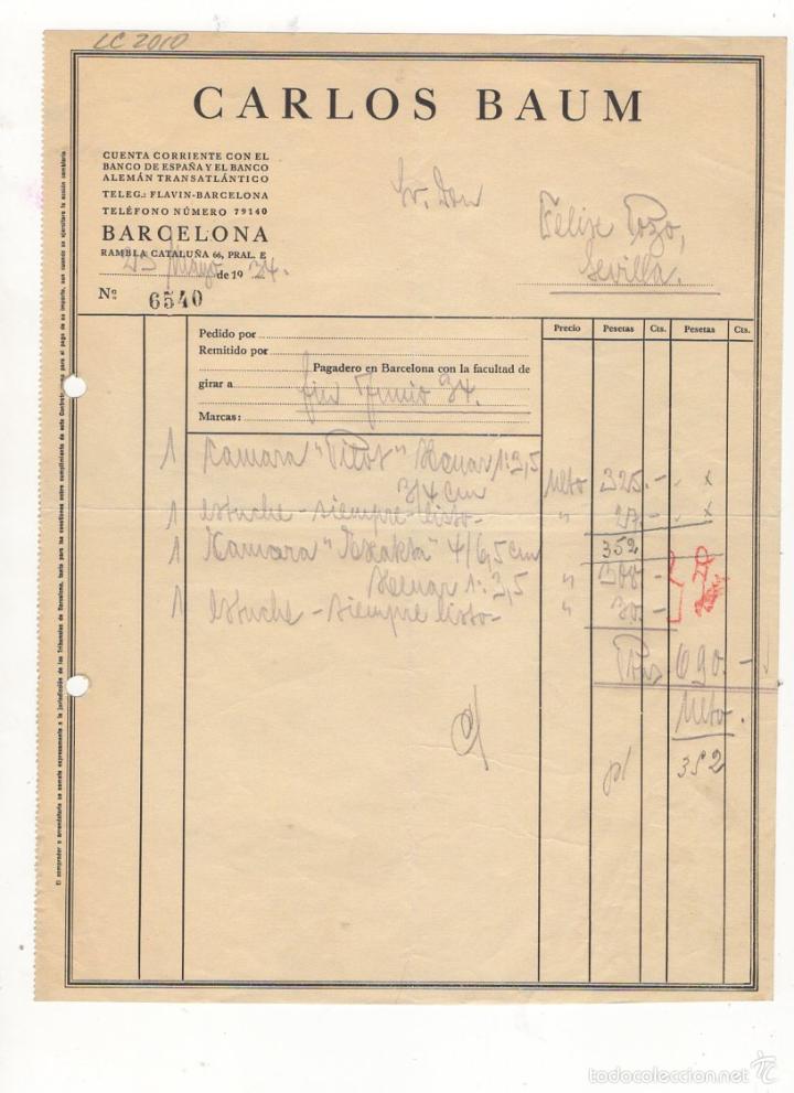 Old Invoices: FACTURA. CARLOS BAUM, BARCELONA, 1934.