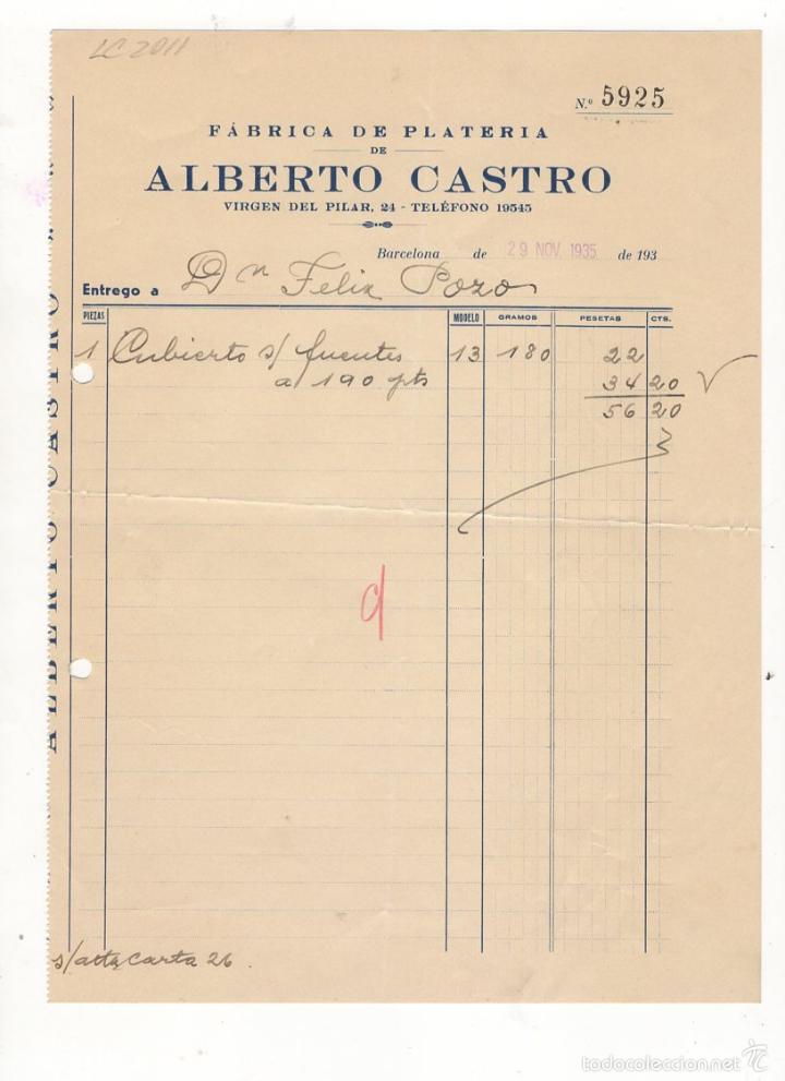 Old Invoices: FACTURA. ALBERTO CASTRO, FABRICA DE PLATERIA, BARCELONA, 1935.