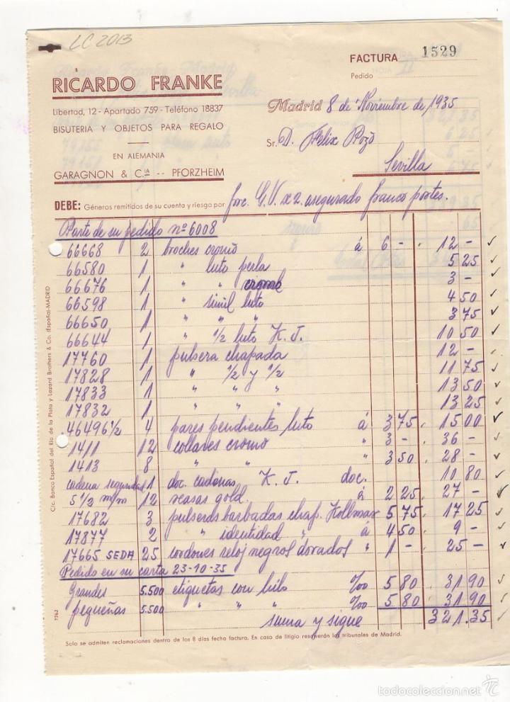 Old Invoices: FACTURA. RICARDO FRANKE, BISUTERIA Y OBJETOS DE REGALO, MADRID, 1935.