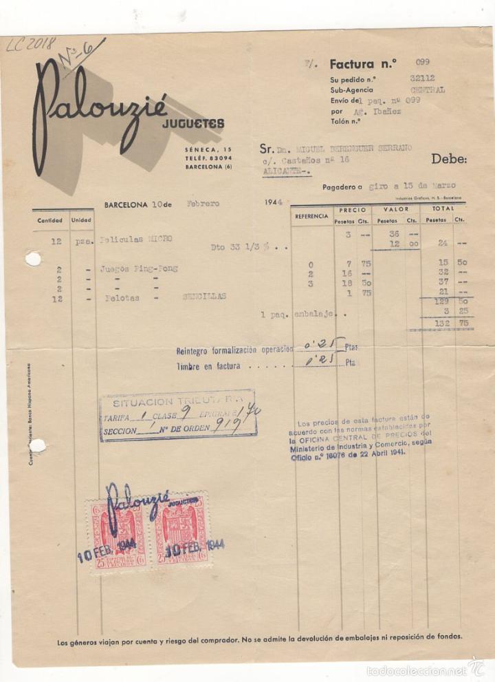 Facturas antiguas: FACTURA. PALOUZIE JUGUETES, BARCELONA, 1944.