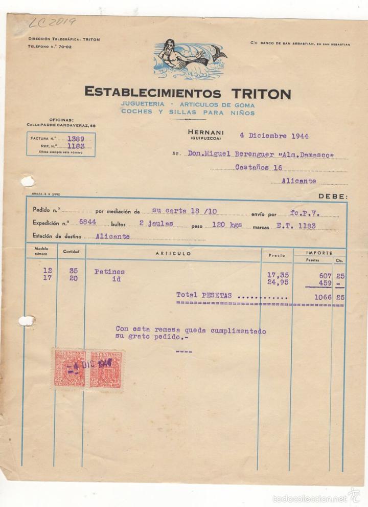Facturas antiguas: FACTURA. ESTABLECIMIENTOS TRITON, JUGUETERIA, ARTICULOS DE GOMA, GUIPUZCOA, 1944.