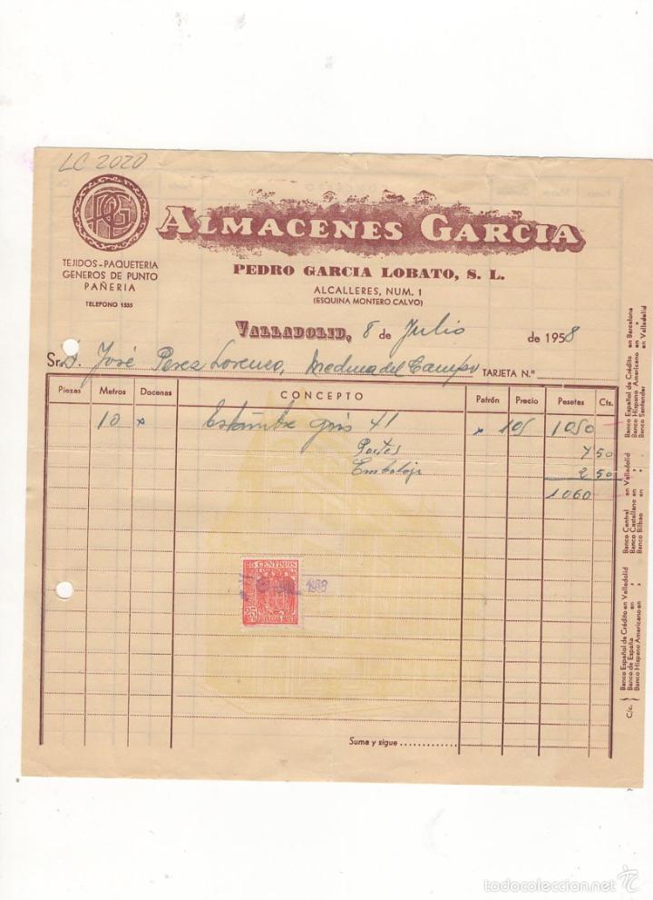 Facturas antiguas: FACTURA. ALMACENES GARCIA, PEDRO GARCIA LOBATO, TEJIDOS, PAQUETERIA, ETC., VALLADOLID, 1958