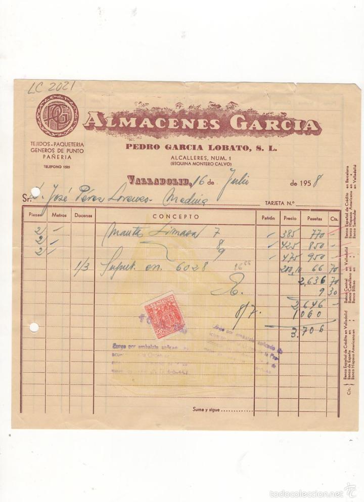 Facturas antiguas: FACTURA. ALMACENES GARCIA, PEDRO GARCIA LOBATO, TEJIDOS, PAQUETERIA, ETC., VALLADOLID, 1958