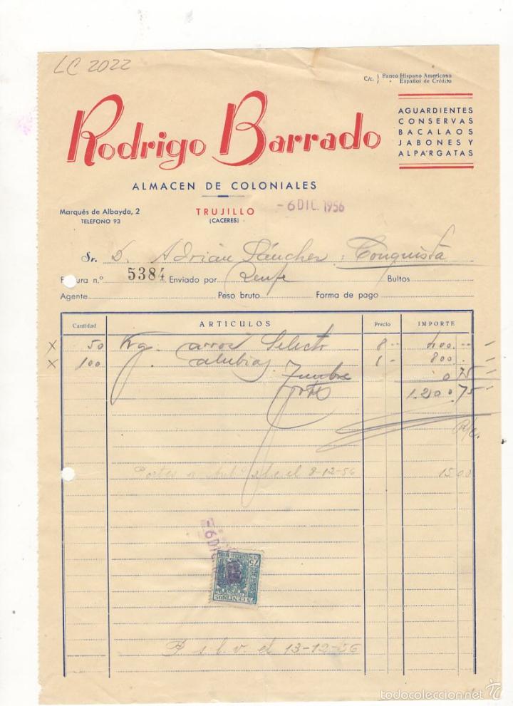 Facturas antiguas: FACTURA. RODRIGO BARRADO, ALMACEN DE COLONIALES, CACERES, 1956.