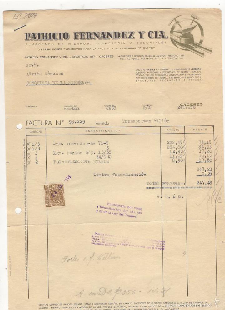 Facturas antiguas: FACTURA. ALMACENES DE HIERROS, FERRETERIA Y COLONIALES, PATRICIO FERNANDEZ,CACERES, 1956.