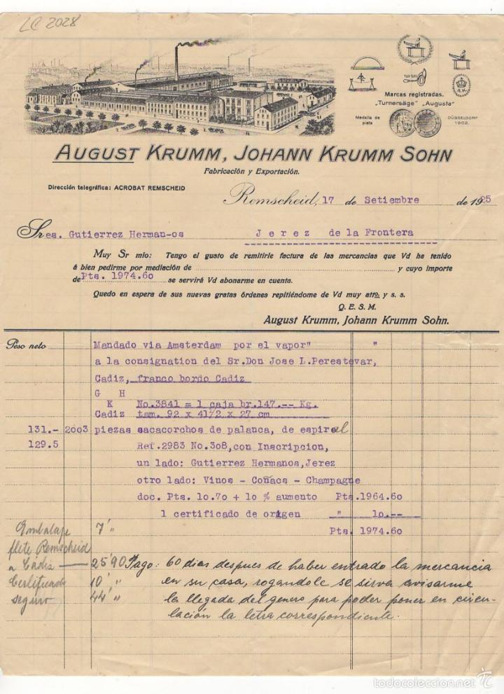 Facturas antiguas: FACTURA. AUGUST KRUMM, JOHANN KRUMM SOHN, FABRICACION Y EXPORTACION, REMSCHEID, 1925.