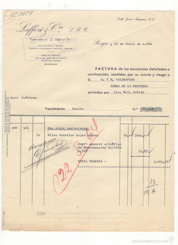 Facturas antiguas: FACTURA. LAFFORT Y COMPA&Ntilde;IA, P.R.C., PASAJES, 1954.