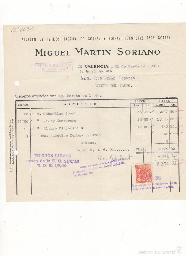 Facturas antiguas: FACTURA. MIGUEL MARTIN SORIANO, ALMACEN DE TEJIDOS, GORRAS, BOINAS, VALENCIA, 1958.