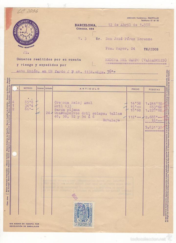 Old Invoices: FACTURA. MARTI LLOPART Y TRECHS, BARCELONA, 1958.