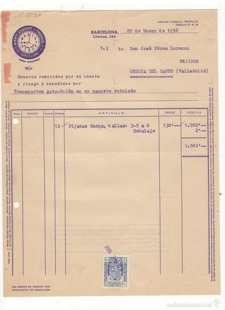 Old Invoices: FACTURA. MARTI LLOPART Y TRECHS, BARCELONA, 1958.