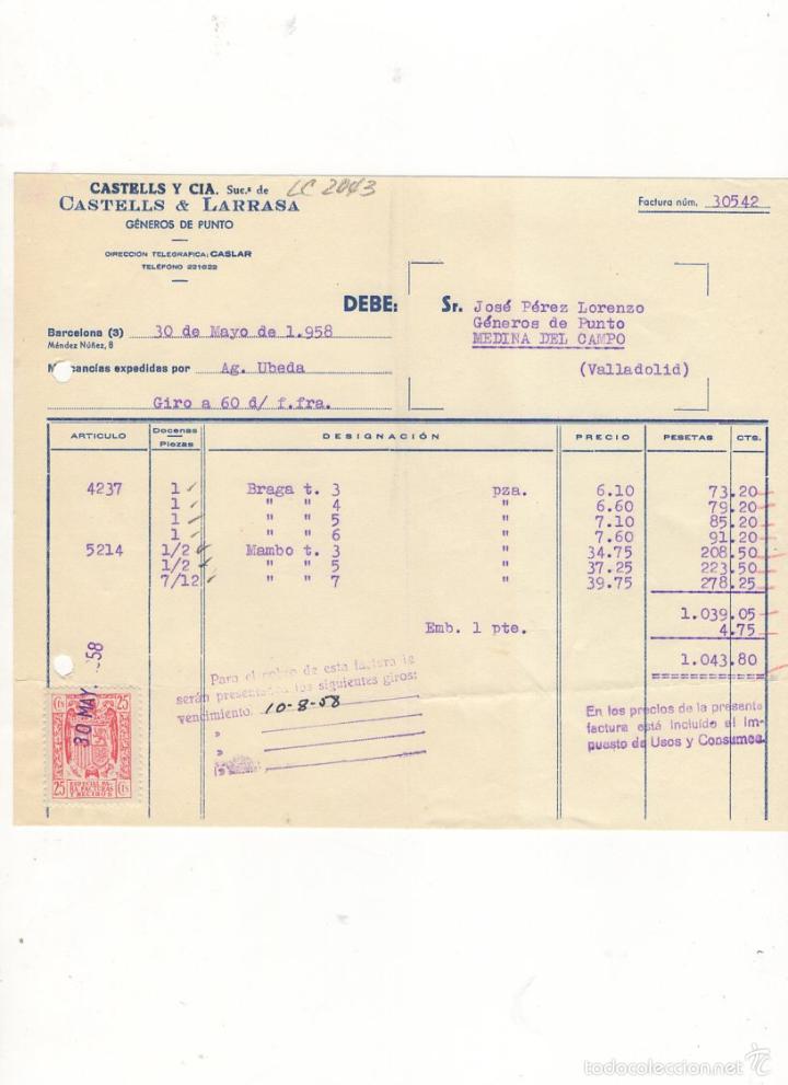 Old Invoices: FACTURA. CASTELLS Y COMPA&Ntilde;IA, GENEROS DE PUNTO, BARCELONA, 1958.