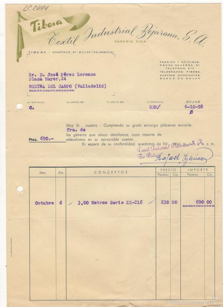 Old Invoices: FACTURA. TIBESA, TEXTIL INDUSTRIAL BEJARANA, S.A., PA&Ntilde;ERIA FINA, VALLADOLID, 1958.