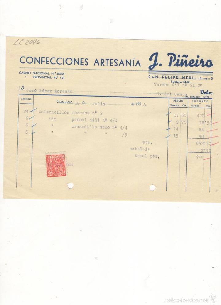 Old Invoices: FACTURA. CONFECCIONES ARTESANIA J. PI&Ntilde;EIRO, VALLADOLID, 1958.