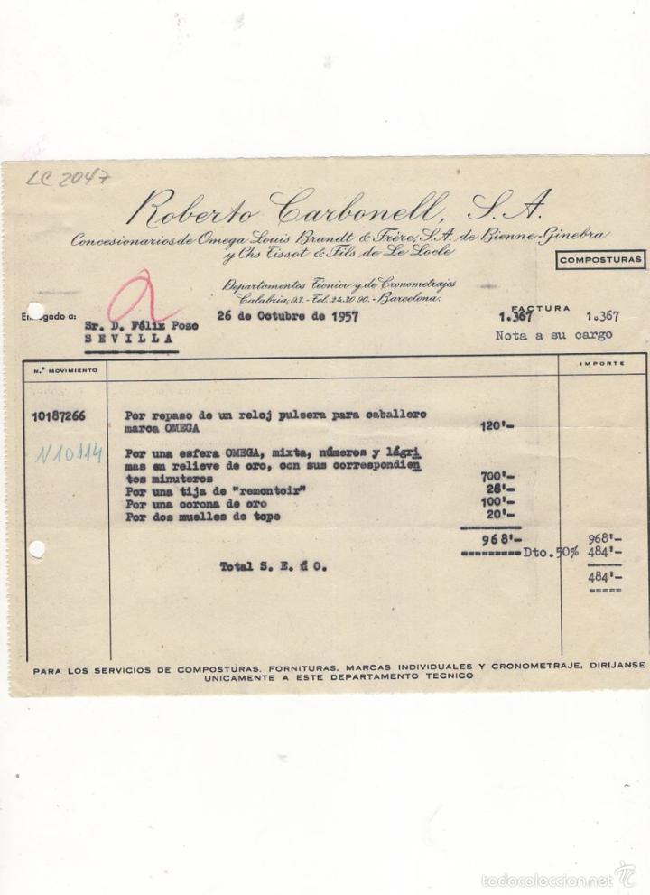 Old Invoices: FACTURA. ROBERTO CARBONELL, S.A., DEPARTAMENTO TECNICO Y CRONOMETRAJES, BARCELONA, 1957.