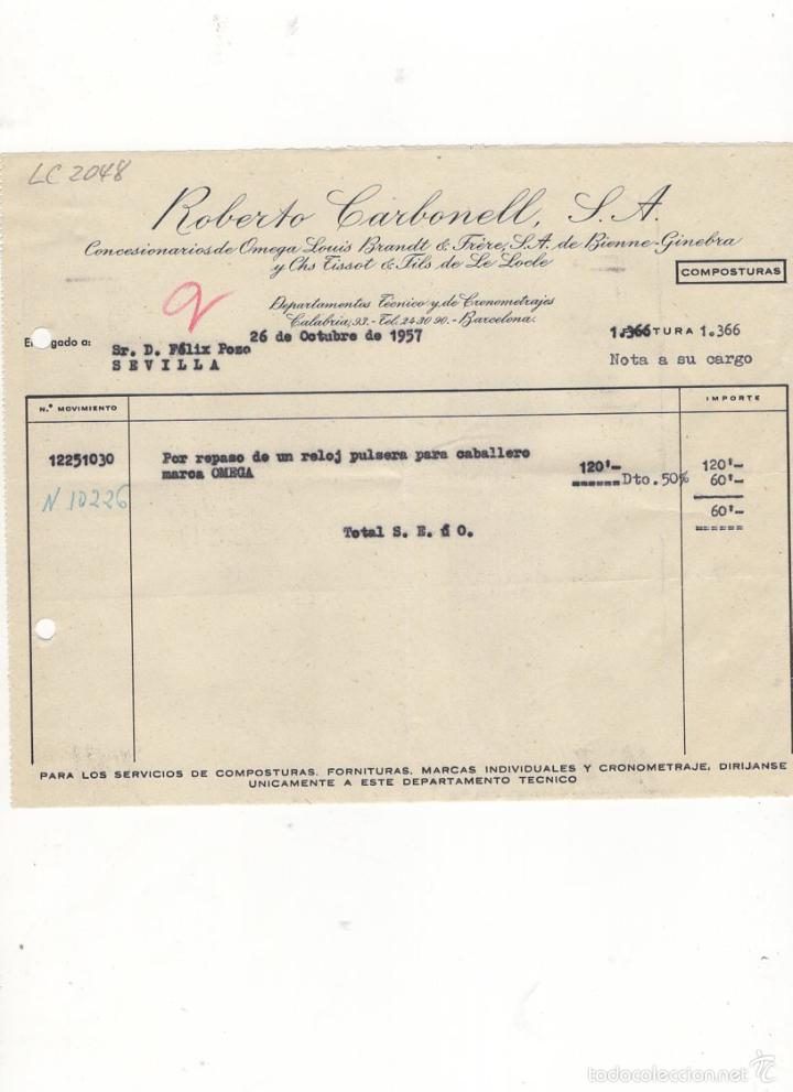 Old Invoices: FACTURA. ROBERTO CARBONELL, S.A., DEPARTAMENTO TECNICO Y CRONOMETRAJES, BARCELONA, 1957.