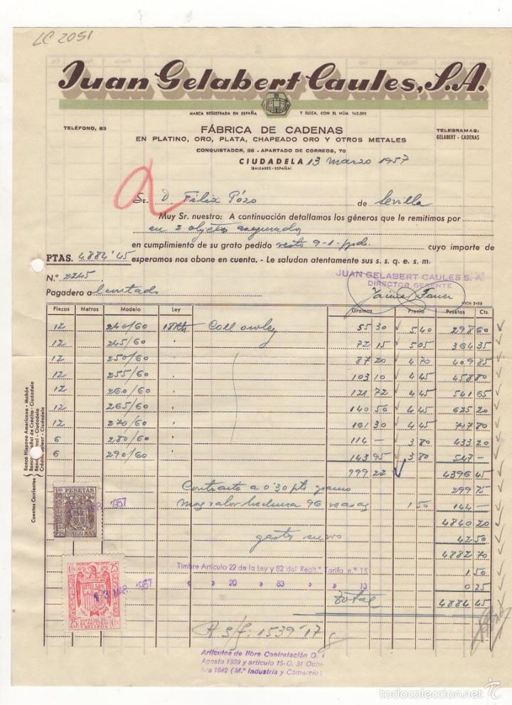 Old Invoices: FACTURA. JUAN GELABERT CAULES, S.A., FABRICA DE CADENAS, CIUDADELA, 1957.