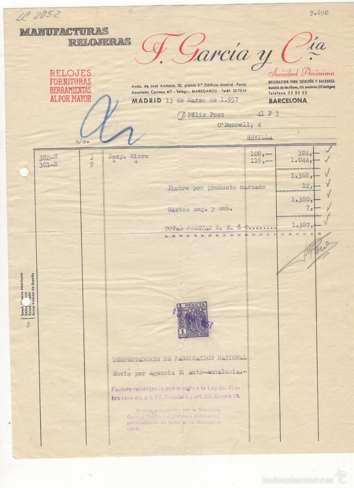 Old Invoices: FACTURA. F. GARCIA Y COMPA&Ntilde;IA, MANUFACTURAS RELOJERAS, MADRID, 1957.