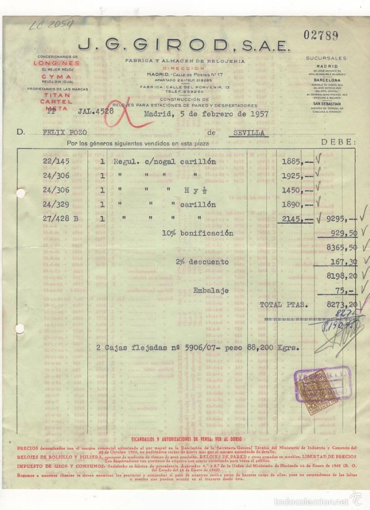 Old Invoices: FACTURA. J. G. GIROD, S.A.E., FABRICA Y ALMACEN DE RELOJERIA, MADRID, 1957.