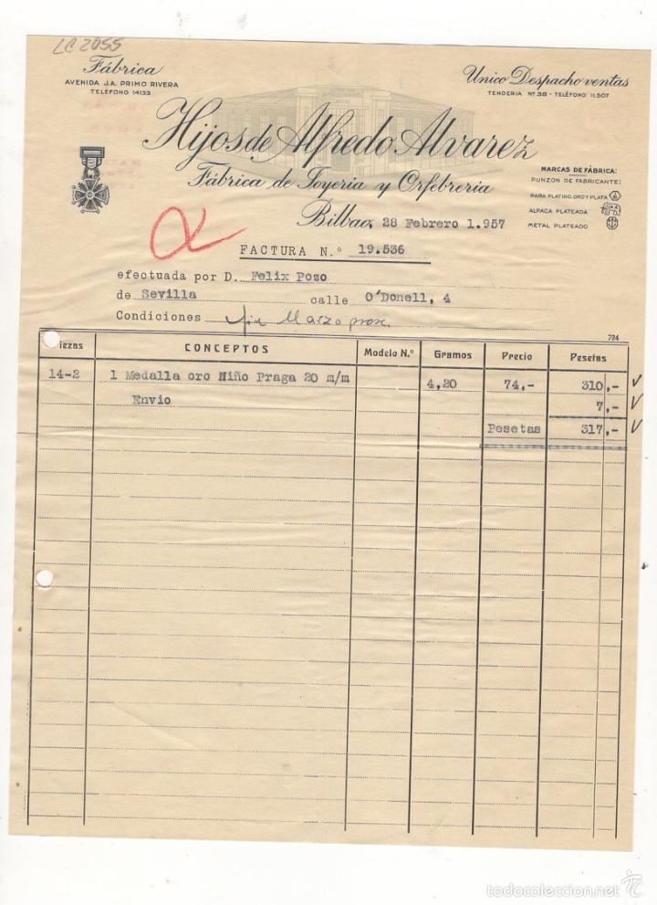 Old Invoices: FACTURA. HIJOS DE ALFREDO ALVAREZ, FABRICA DE JOYERIA Y ORFEBRERIA, BILBAO, 1957.