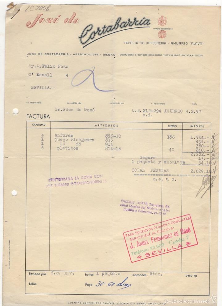 Old Invoices: FACTURA. JOSE DE CORTABARRIA, FABRICA DE ORFEBRERIA, SEVILLA, 1957.