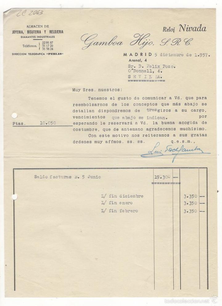 Facturas antiguas: FACTURA. GAMBOA HIJO, ALMACEN DE JOYERIA Y BISUTERIA,RELOJ NIVADA,  MADRID, 1957.
