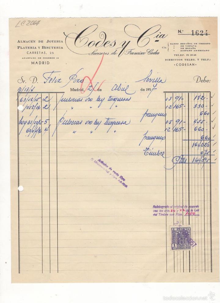 Facturas antiguas: FACTURA. CODES Y COMPA&Ntilde;IA, ALMACEN DE JOYERIA, PLATERIA Y BISUTERIA, MADRID, 1957.