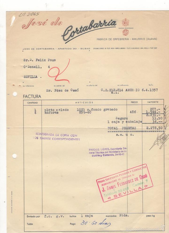 Facturas antiguas: FACTURA. JOSE DE CORTABARRIA, FABRICA DE ORFEBRERIA, SEVILLA, 1957.