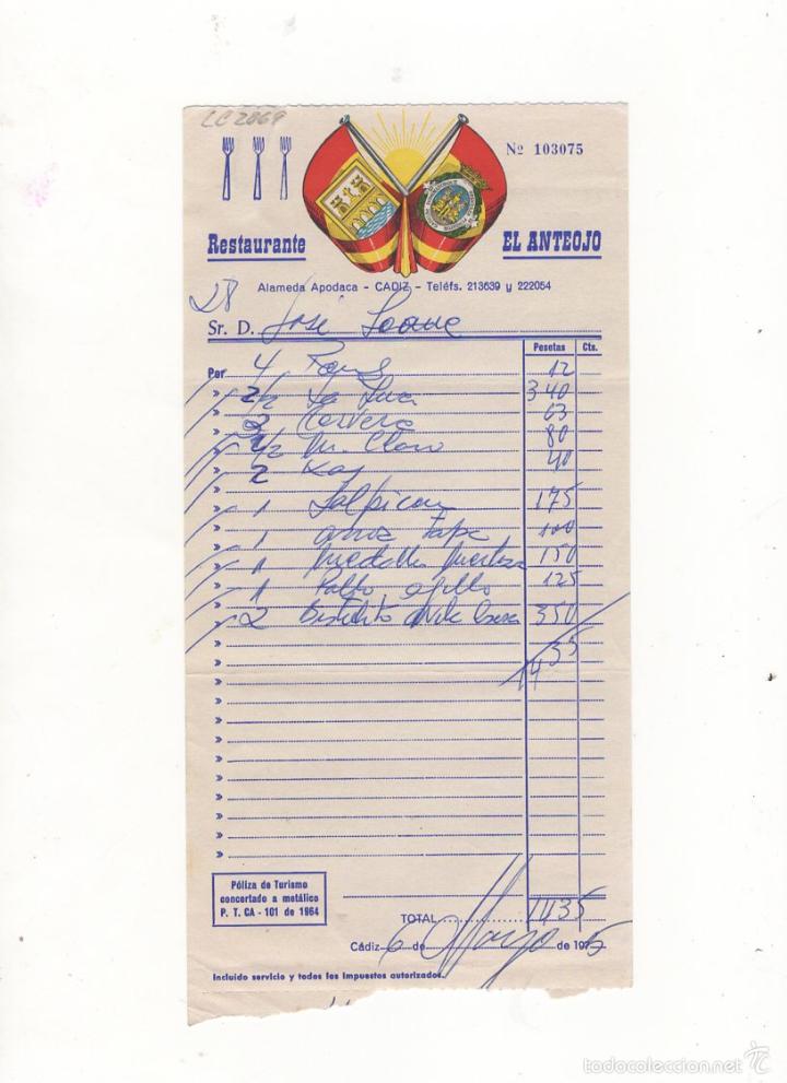 Facturas antiguas: FACTURA. RESTAURANTE &acute;&acute;EL ANTEOJO&acute;&acute;, CADIZ, 1975.