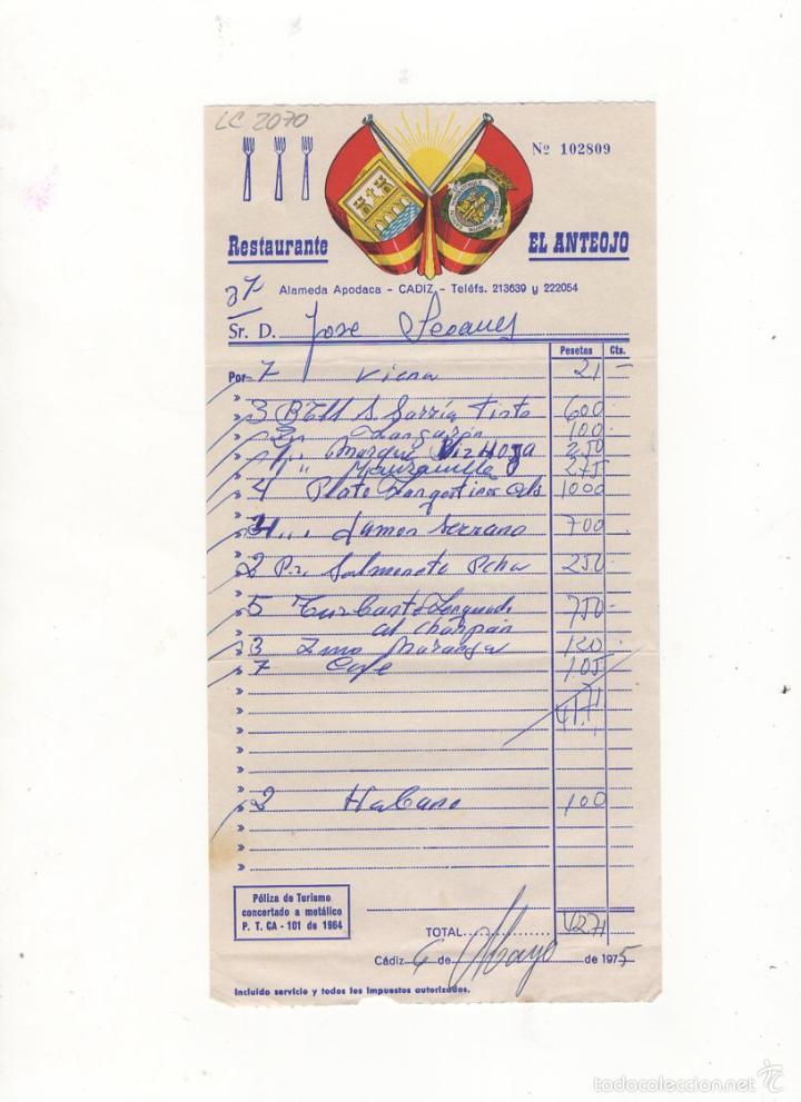 Facturas antiguas: FACTURA. RESTAURANTE &acute;&acute;EL ANTEOJO&acute;&acute;, CADIZ, 1975.