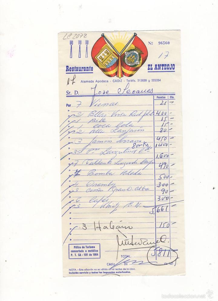 Facturas antiguas: FACTURA. RESTAURANTE &acute;&acute;EL ANTEOJO&acute;&acute;, CADIZ, 1975.