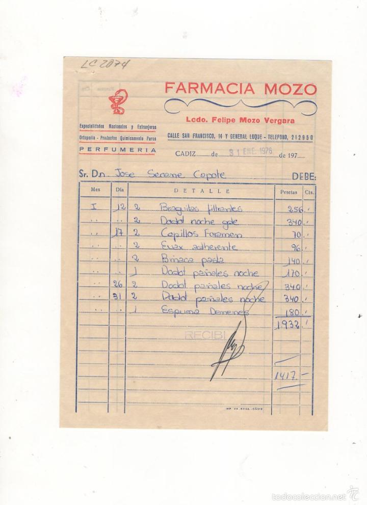 Facturas antiguas: FACTURA. FARMACIA MOZO, FELIPE MOZO VERGARA, ORTOPEDIA, PERFUMERIA. CADIZ, 1976.