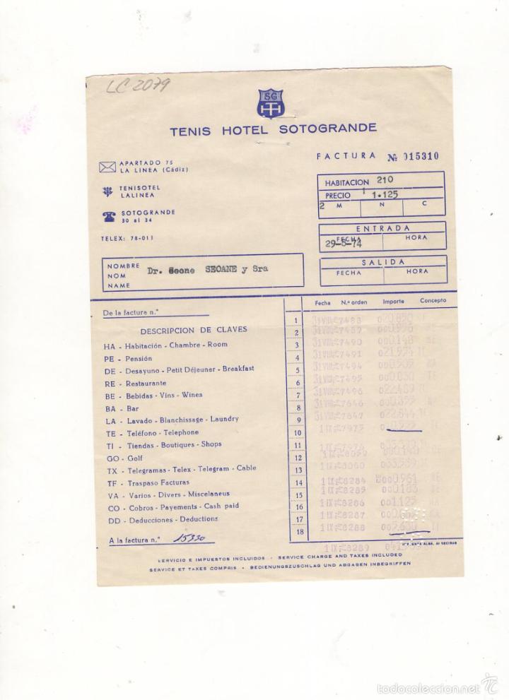 Facturas antiguas: FACTURA. TENIS HOTEL SOTOGRANDE, CADIZ, 1974.