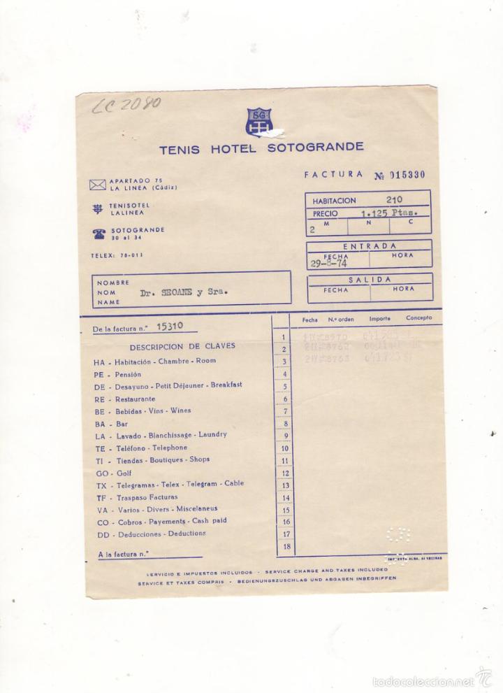 Facturas antiguas: FACTURA. TENIS HOTEL SOTOGRANDE, CADIZ, 1974.