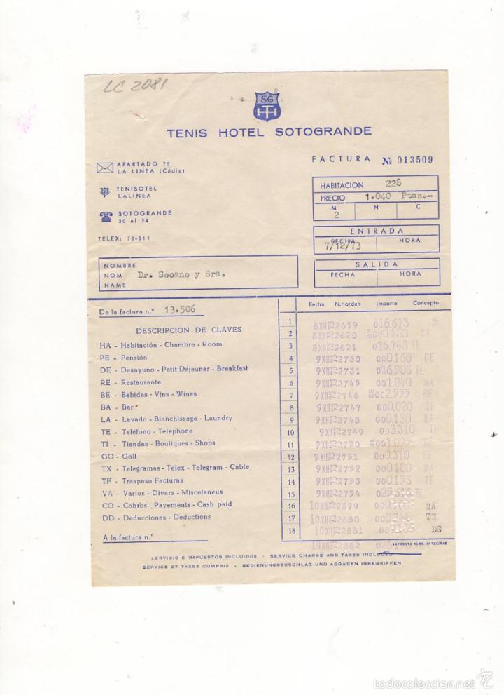 Facturas antiguas: FACTURA. TENIS HOTEL SOTOGRANDE, CADIZ, 1973.