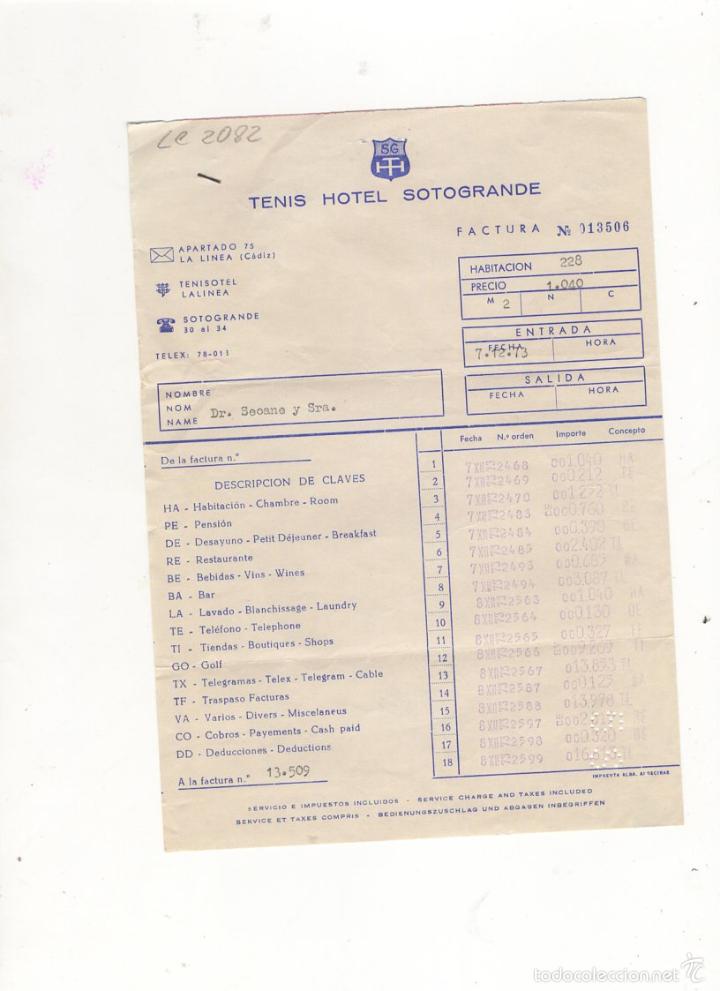 Facturas antiguas: FACTURA. TENIS HOTEL SOTOGRANDE, CADIZ, 1973.