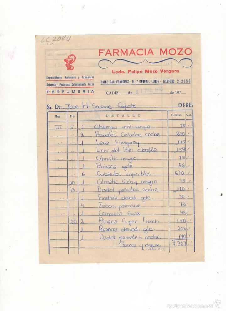 Facturas antiguas: FACTURA. FARMACIA MOZO, FELIPE MOZO VERGARA, ORTOPEDIA, PERFUMERIA. CADIZ, 1976.