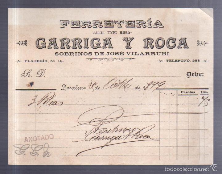Facturas antiguas: FACTURA. FERRETERIA DE GARRIGA Y ROCA. BARCELONA 1899