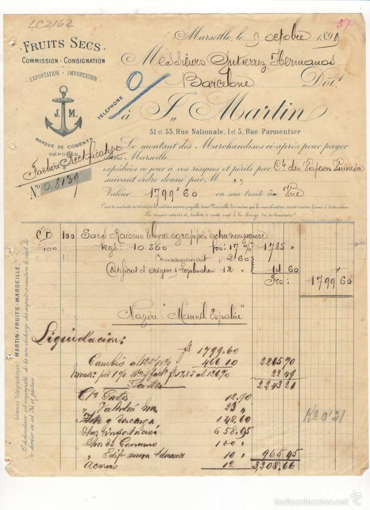 Facturas antiguas: FACTURA. MESSIEWES GUTIERREZ HERMANOS, FRUITS SECS, EXPORT - IMPORTACION, MARSEILLE,1899.