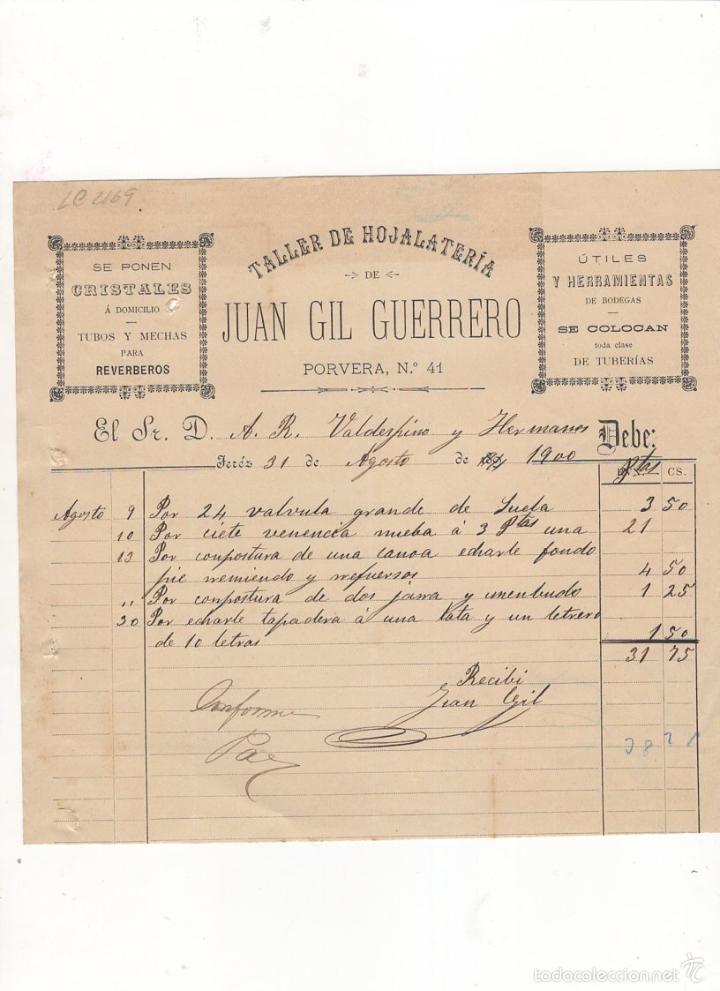 Facturas antiguas: FACTURA. JUAN GIL GUERRERO, TALLER DE HOJALATERIA, JEREZ, 1900.